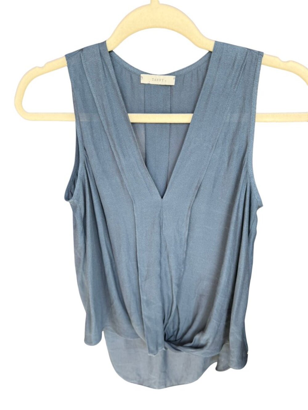 Tansy Blue Twist Front Sleeveless Blouse High Low Hem Draped V-Neck